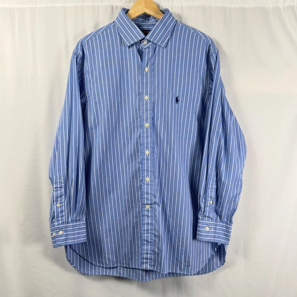 Polo Ralph Lauren Mens 17 32-33 Blue White Striped Cotton Button Down Shirt Pony